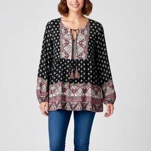 ARTESIA Boho Print Peasant Tassel Peplum Top Black Dusty Rose Pink XL